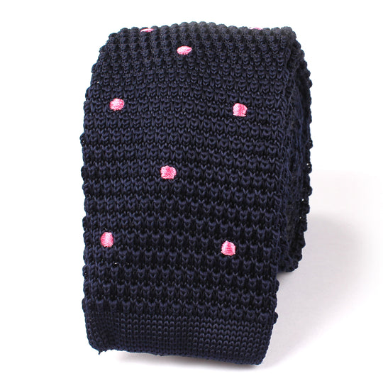 Navy Blue Knitted Tie with Pink Polka Dots